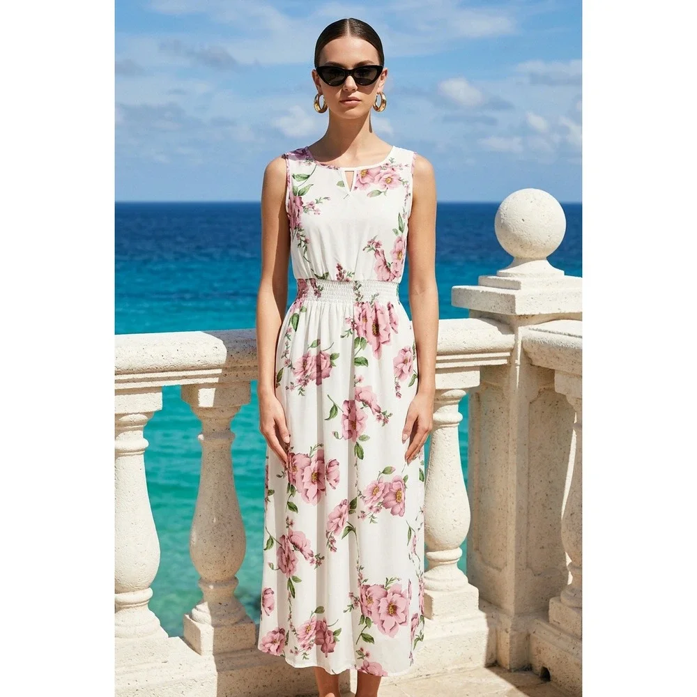 Floral Sleeveless Midi Dress Pink White Smocked Waist Sm Cottagecore Soft Femini